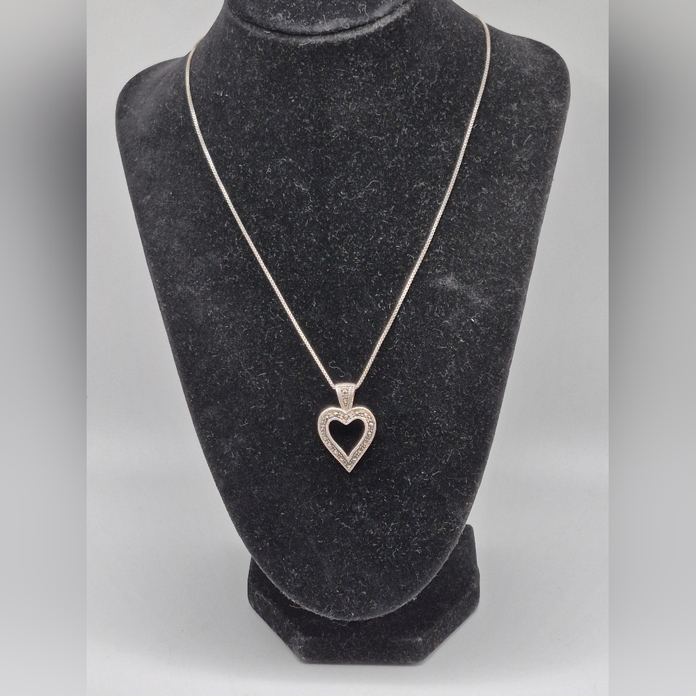 Italian Open Heart Sterling Silver w/ Marcasites  Necklace.  Italy AGI 925